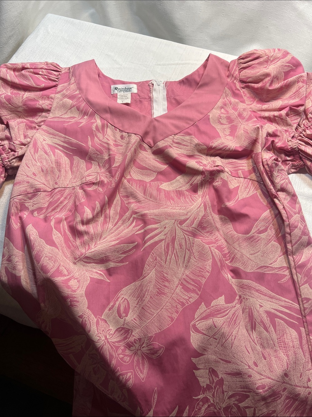 Vintage 1970s Rainbow Pink Tropical Print Puff Sleeve MuuMuu
